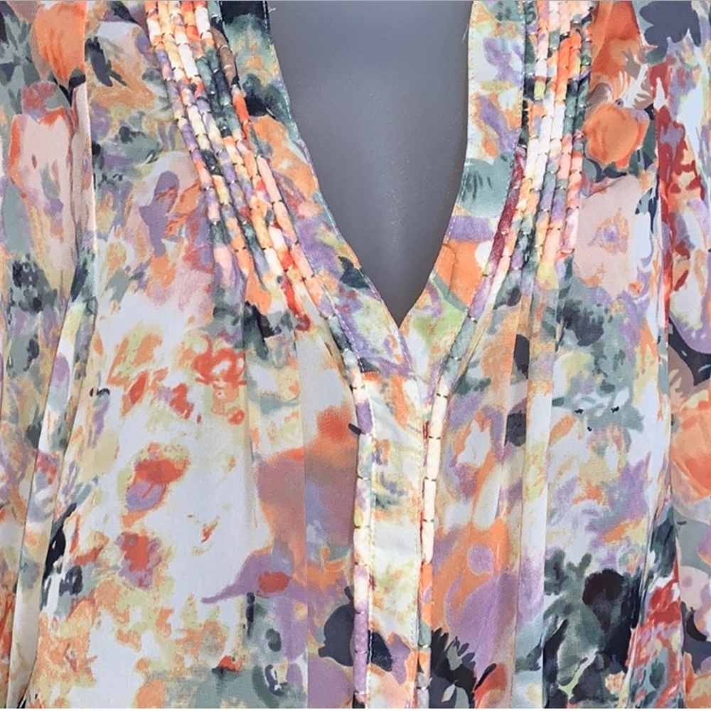 Hilma Petite Watercolor Floral Chiffon Blouse LP Split Neck Tie Waist - Picture 6 of 7